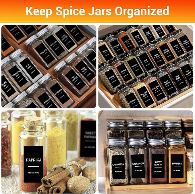 Segarty Spice Labels, 316 Pcs Square Black Preprinted Pantry Label and Blank Stickers with 1 Chalk Marker, Removable Write On Sticker for Food Container, Condiment Jars, Seasoning Bottle
