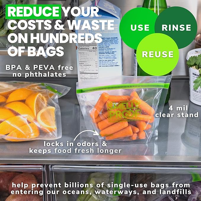 Smelly Proof 10 x Reusable Food Storage Bags, Reusable Freezer Bags, Reusable Snack Bags, Stand-Up Expandable “Stand & Fill”, Clear 3-Mil 6” x 4”, US Made, BPA FREE, NO PEVA, 10-pk