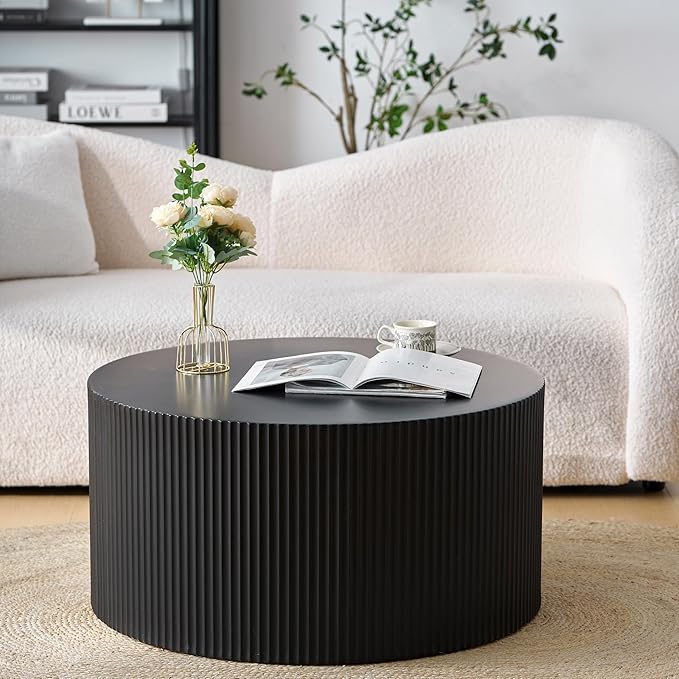 Nesting Coffee Table Set of 2, Modern Drum Side Table End Table, Wave Stripe Round Coffee Table for Living Room, Bedroom, Black-02