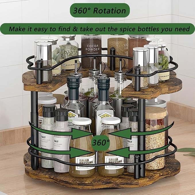 NCONCO 2 Tier Lazy Susan, Lazy Susan Turntable Cabinet with 3 Adjustable Heights Guard Rails Spice Rack for Countertop Kitchen Cabinet Pantry (Walnut)
