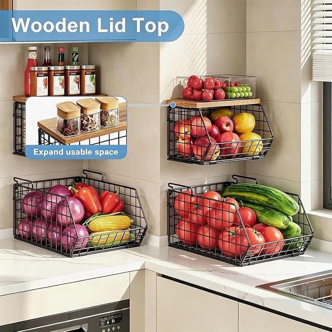 Potato and Onion Storage Bin with Wooden Top, 2-Tier Stackable Wire Basket | Wall basket for Food, Snacks and Fruit and Vegetable Storage with Kitchen Pantry Organizer for Counter, Cabinet, Under Sink