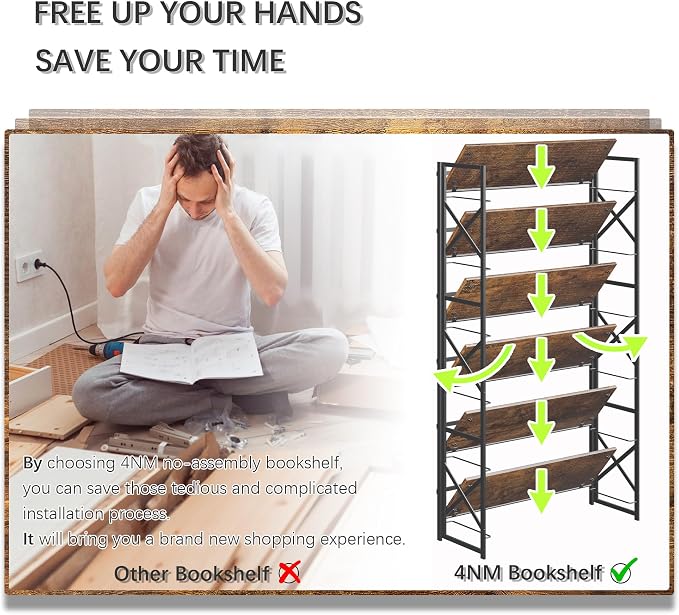 4NM Extra Wide 6 Tiers No Assembly Book Shelves, 61.8" H Folding Bookshelf Bookcase Open Industrial Foldable Shelves for Bedroom, Living Room, Home Office - Rustic Brown Black