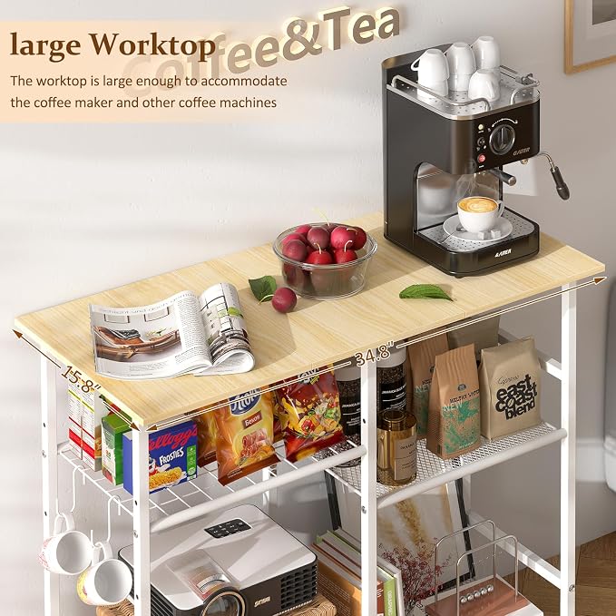 ThreeHio Rolling Kitchen Microwave Cart, 3-Tier Microwave Stand with Adjustable Shelf, Kitchen Storage Island on Lockable Wheels, Coffee Bar Baker's Rack Cart for Living Room, Office, Balcony, White