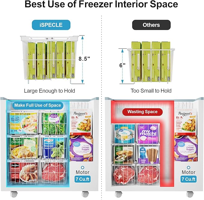 iSPECLE Freezer Organizer Bins - 6 Pack Adjustable Width for 5 to 7 Cu.Ft Chest Freezers, Stackable Wire Storage Baskets, Assembly Required, White