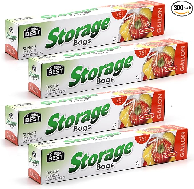 1 Gallon Food Storage Bags with Twist Ties, 300 Count, Disposable Plastic