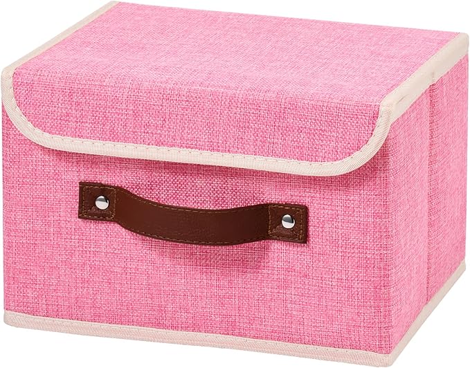 Storage Boxes with Lid Cotton Linen Fabric Storage Bins Organizer Container Decorative Collapsible Washable Shelf Baskets Faux Leather Handles for Home Bedroom Closet (Pink, Small)