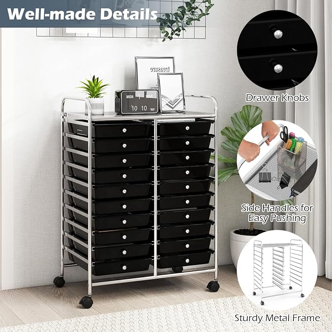 DREAMADE Rolling Cart With Storage Drawers, Utility Cart With Removable Plastic Drawers, Lockable Wheels for Classroom Organization, Art Supplies, Office, Scrapbook (20 Drawers, Black)