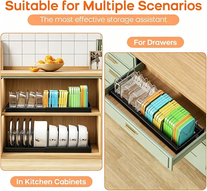 Nigelia 2 Pack Pots and Pans Organizer for Under Cabinet, 22" Expandable Food Storage Container Lid Organizers with 10 Adjustable Dividers Pot Lid Holders Rack Inside Cabinet&Kitchen Countertop(Black)