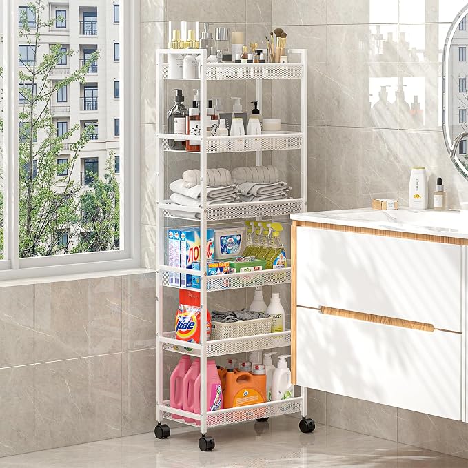 6 Tier Slim Rolling Storage Cart, Narrow Mobile Shelving Unit Organizer Utility Cart with Wheels, Metal Wire Storage Rack with Baskets for Kitchen, Bathroom, Laundry & Living Room, 10in(W) White