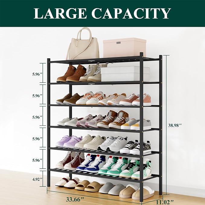 Smiry Long Bamboo Shoe Rack, 6 Tier Free Standing Wooden Shoe Organizer, Stackable Wood Shoe Storage Shelf for Closet, Entryway, 12 Vertical Slats, 2+2+2 Stack Standard Legs, 33.7"x11"x39", Black