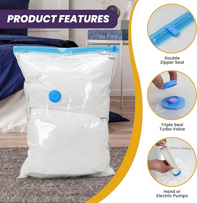 Vacuum Compression Zipper Storage Bags with Hand Pump, Multiple Pack of 32 (5 Jumbo, 5 Large, 6 Medium, 6 Small, 5 Roll M, 5 Roll S), Clear