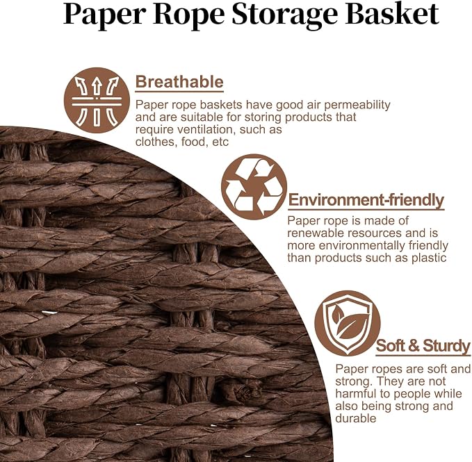 OIAHOMY Wicker Storage Basket, Rectangular Paper Rope Shelf Baskets with Built-in Handles, Woven Decorative Organizer for Pantry, Shelves, Living Room and Bathroom, 1-Pack Brown