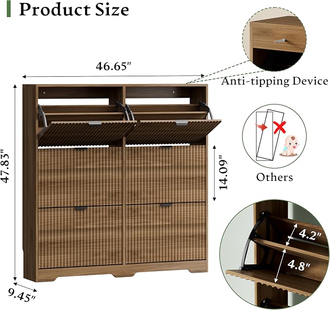 Xixini Shoe Storage Cabinet for Entryway with 6 Flip Drawers, Hidden Slim Wood Shoe Organizer with Modern Fluted Panel, Freestanding Narrow Shoe Rack for Front Door Entrance, Hallway, Foyer, Walnut