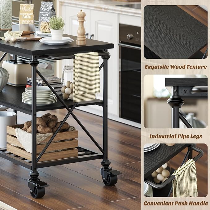 Homieasy Kitchen Island Cart with Wheels, 3-Tier Wood and Metal Rolling Kitchen Island Table with Pipe Legs, Storage Shelves & Lockable Casters for Kitchen Dining Room, Black
