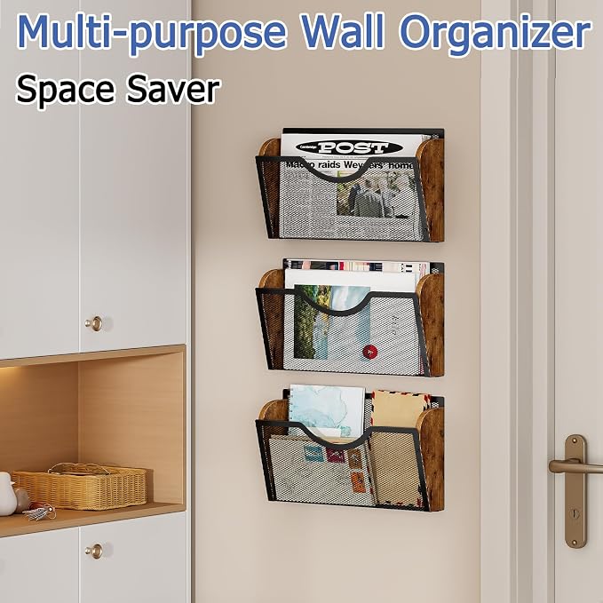 Sbanmao 3 Pack Wall File Organizer, Metal Mesh Hanging File Folder Holder for Letter/A4 Size Folders, Wall Mounted File Holder, Mail Organizer for Office Home Classroom Paper, Document Organization
