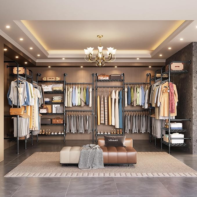 Wall Mounted Closet System, Heavy Duty 5-Row Clothes Rack, Expandable Industrial Pipe Closet Organizers and Storage with 4 Telescopic Rods, 3 Fixed Rods, 6 Hooks & 8 Shelves for Wardrobe, Bedroom