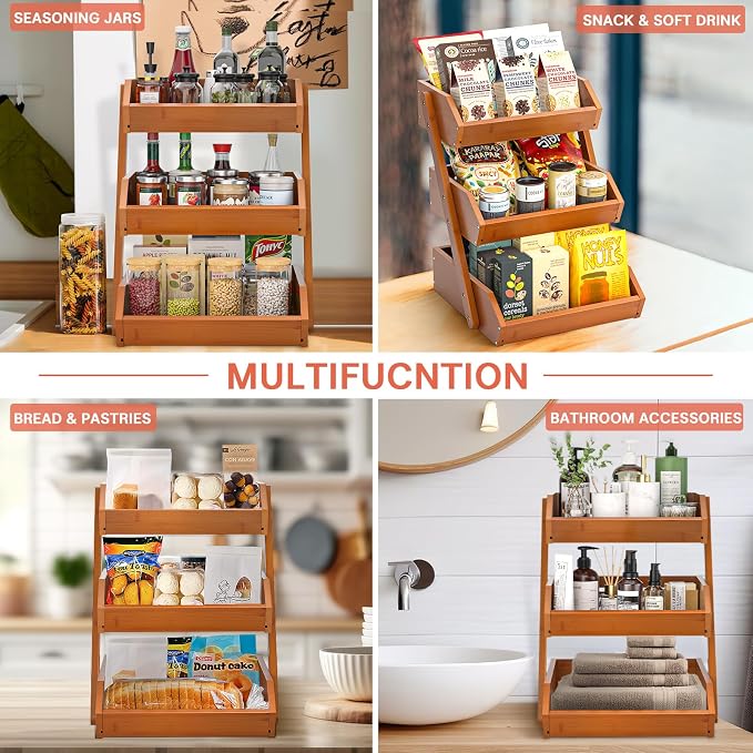 G.a HOMEFAVOR 3-Tier Fruit Basket for Kitchen Counter, Brown, Self-assembly | Bamboo Fruit Bowl, Vegetable Storage and Home Organizer, 15 mm Thickness