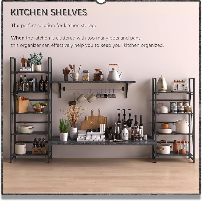 4NM No Assembly Folding Bookshelf, 5-Shelf 62.2" H Collapsible Foldable Bookcase Storage for Small Spaces, Gray and Black