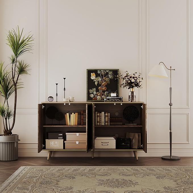 Sideboard Buffet Cabinet with Raised Shaped & Geometric Line Texture Door Panel, Accent Storage Cabinet for Living Room (Cabinet Body- Oak, 4 Door-15 D x 61" W x 34.5" H)