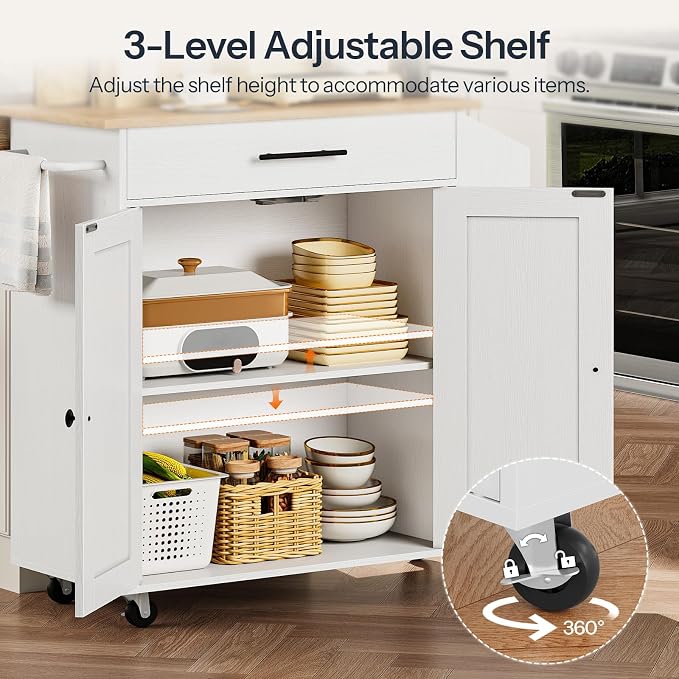 HOOBRO Kitchen Island with Drop Leaf, Rolling Kitchen Island Cart on Wheels | Kitchen Island on Wheels with Drawer & Spice Rack, Island Table with Adjustable Shelves, Kitchen Storage Cart wtih Towel Rack