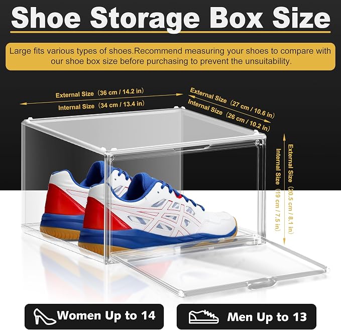 2 Pack Plastic Shoe Storage Boxes Fit US Size 13, Clear Stackable Shoe Display Case with Magnetic Acrylic Door, Shoe Containers for Sneaker Storage, Hats, Figure, Collectible