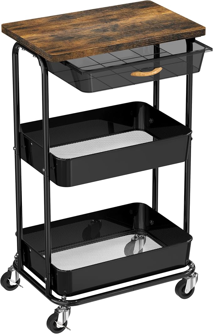 Simple Houseware 3-Tier Utility Cart with Drawer & Wood Top, Rustic Brown | Mobile Sofa Side Table, Nightstand, Slim Storage Organizer Trolley for Bedroom, Bathroom, Office & Art Supplies