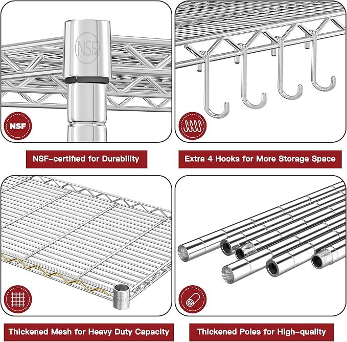 PrimeZone 3 Pack Steel Storage Wire Shelving 5 Tier Metal Shelves with Wheels,Adjustable Kitchen Utility Shelving Unit,Pantry Rack Rolling Metal Shelf Laundry,Chrome 24" Wx18 Dx75 H