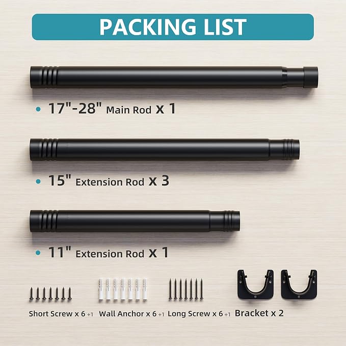 STARLATTA Heavy Duty Black Closet Rod: 17-84 Inch Stepless Adjustable Clothes Hanging Bar, 1.3" Diameter Metal Wardrobe Pole with Brackets, No-Cut, for Laundry & RV