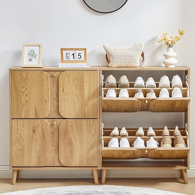 BERRYMERRY Shoe Cabinet with 2 Flip Drawers,Wood Hidden Shoes Storage Cabinet with Fluted Recessed Design, Freestanding Shoe Organizer Cabinet for Entryway, Hallway, Living Room