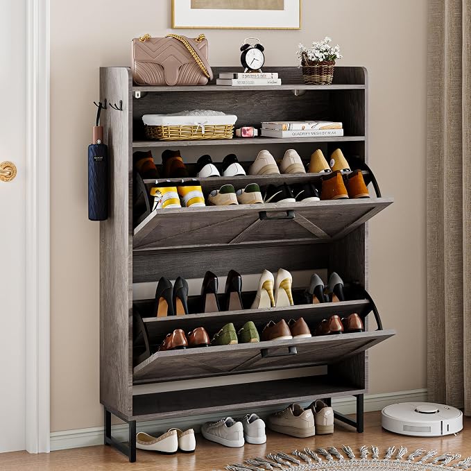 Wodeer Shoe Storage Cabinet with 2 Flip Drawers, Narrow Wood Shoe Cabinet Storage for Entryway with Metal Legs & Hooks, Adjustable Shelves, Freestanding Shoe Rack Organizer for Foyer, Hallway, Grey