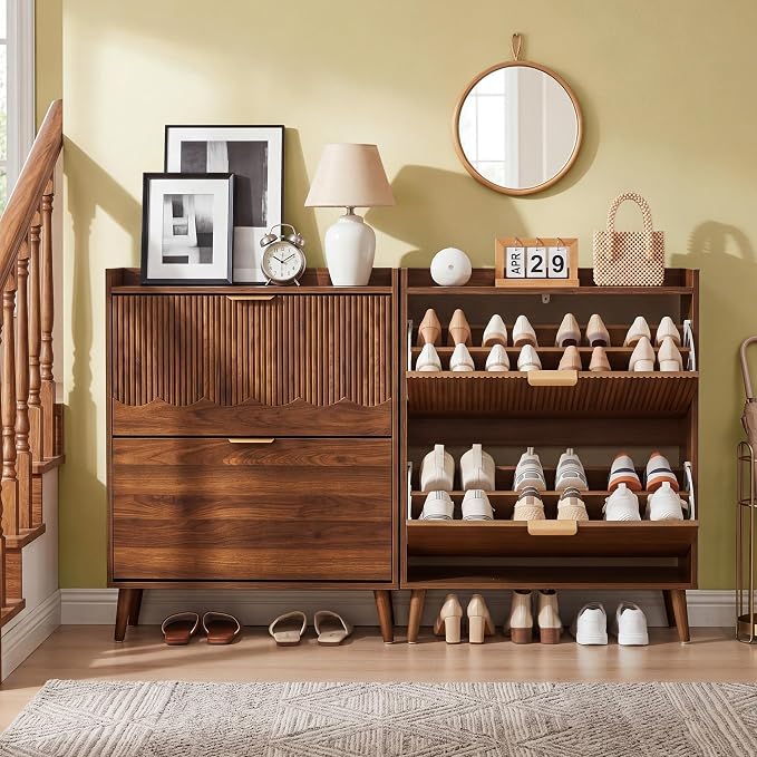 BERRYMERRY 30" Narrow Shoe Storage Cabinet with 2 Flip Drawers and Wave Fluted Design for Hallway Entryway Living Room Foyer (Fluted Walnut 2 Drawer)