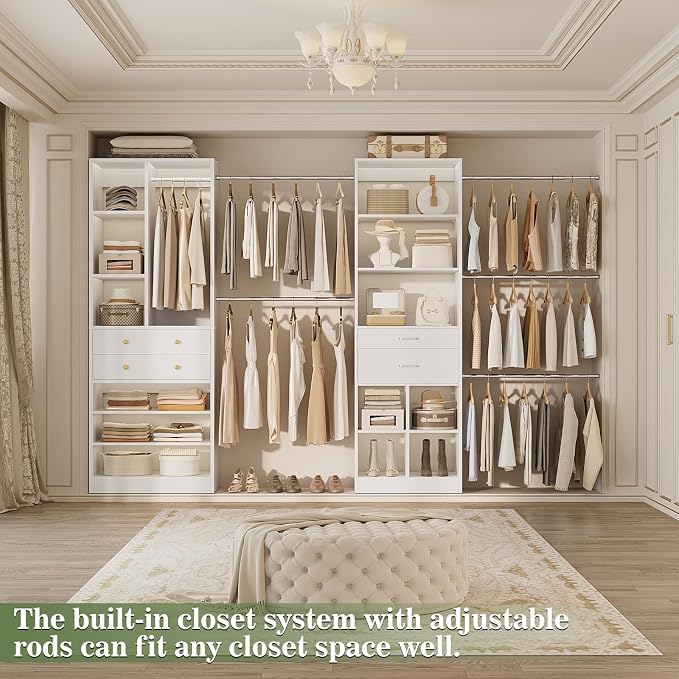 Besiost Closet System, Up to 128.6"/10.7 FT Closet Organizer with 4 Wooden Drawers and Shelves, Walk-in Closet System with 6 Hanging Rods, Built-in Closet Can Fit 96"/8FT, 120"/10FT, White Set 2