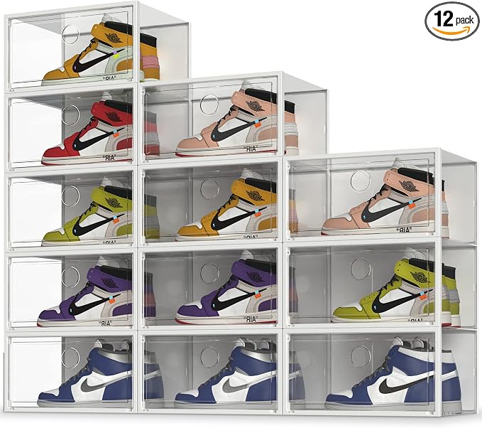 SEE SPRING XX-Large Shoe Storage Box Fit Size 13, Clear Plastic Stackable Shoe Organizer for Closet, Space Saving Sneaker Shoe Rack Containers Bins Holders for Entryway, Under Bed, 12 Pack Clear