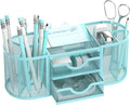 SUPEASY Mesh Desk Organizer, Desk Organizers and Accessories, Pen Holder with Drawers, Pencil Holder for Desk with 2 Drawer for Office Supplies, Blue