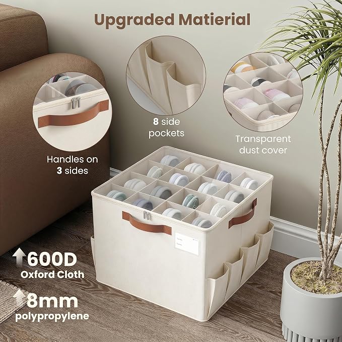 Varhomax Shoe Organizer Box for Closet, Fabric Shoe Storage Bin with Adjustable Dividers & Clear Cover, Holds up 16-32 Pairs of Sneakers & Sandals for Entryway, Cubby, Beige 2 Pack