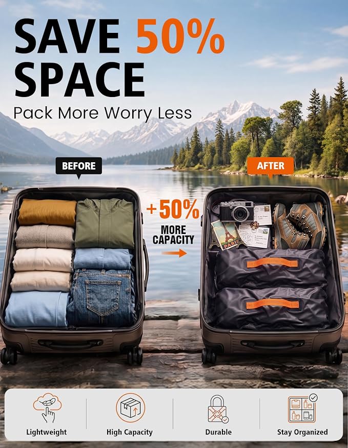 Vacuum Travel Bags with Pump, 34L Space Saver Vacuum Compression Bags for Travel Luggage Suitcase Backpack, Waterproof & Reusable Vacuum Packing Cubes for Clothing (1PCS + Pump)