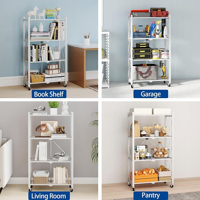 4 Tier Foldable Storage Shelves with Wheels -No Assembly Metal Folding Shelves Collapsible Shelving Unit Display Heavy Duty Rolling Shelf for Home Kitchen Office Room (White, 50" x 13" x 27")