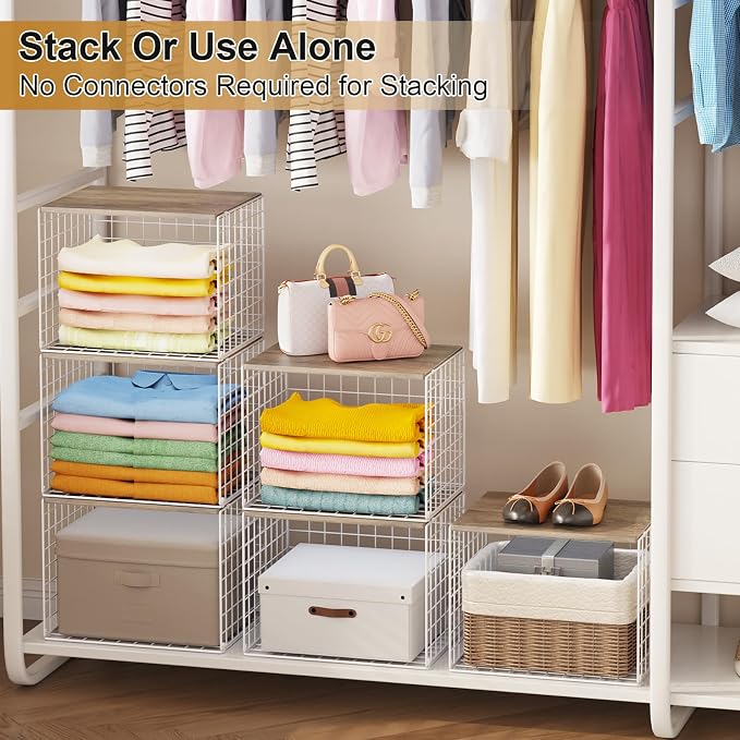 Closet Organizers And Storage Shelf, 3Pack Stackable Closet Storage Bin Basket For Clothes Sweaters With Top Board, Widened Opening, Heightened Height, Large Capacity Sturdy Clothing Storage Organizer