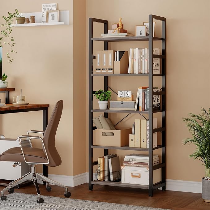 DUMOS 5-Tier Bookshelf, Modern Tall Bookcase Book Shelf | Open Storage Display Shelf for Living Room, Bedroom, Home Office, Narrow Standing Shelving Unit for Books, CDs Wood Grey