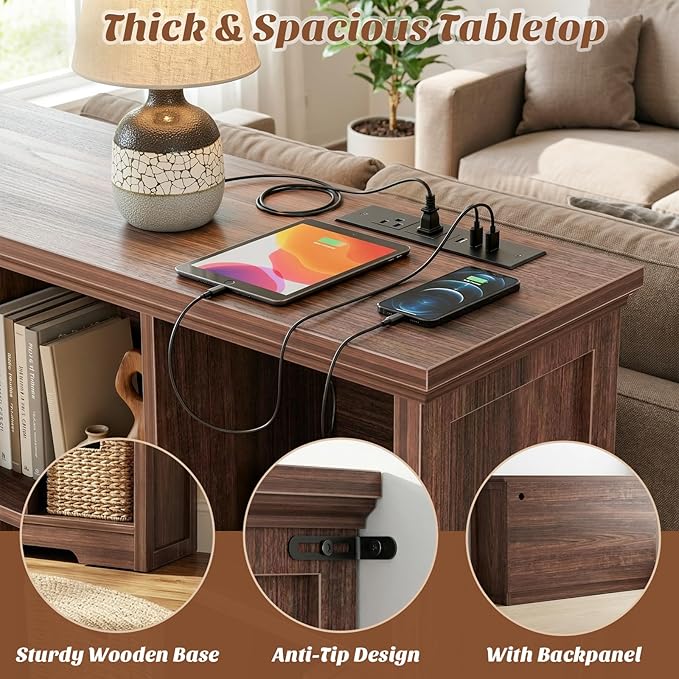 Aheaplus Wooden 8-Cube Storage Organizer with Charging Ports, Modern Cube Bookcase with Base, 3-Tier Floor Standing Open Cubbies Bookshelf, Cubicle Display Shelf for Home and Office, Black Walnut