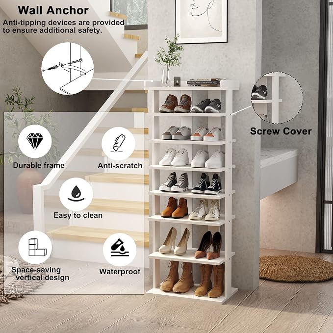 HOMEFORT 7-Tier Wood Shoe Rack, Double Rows 7-Tier Shoe Shelf, Shoe Storage Stand, Entryway Shoe Tower, Vertical Shoe Organizer Perfect for Narrow Closet, Entryway, Hallway, Bedroom in White