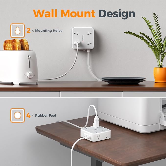 TESSAN Surge Protector Power Strip, 10 Ft Flat Plug Extension Cord with 3 USB (1 USB C 20W PD) 8 Outlets, 900J Protection, 3 Sided Outlet Extender with Power Switch for Office, Dorm Room, Grey