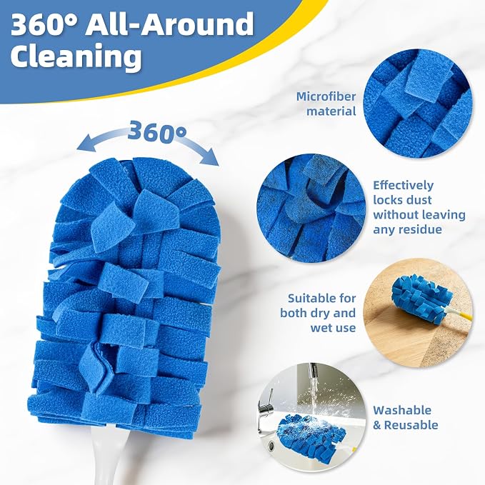 12 PCS Reusable Duster for Swiffer, Washable 360 Fleece Duster Refills for Fans, Floors, Blinds, Windows (Include 1 Handle & Laundry Bag)