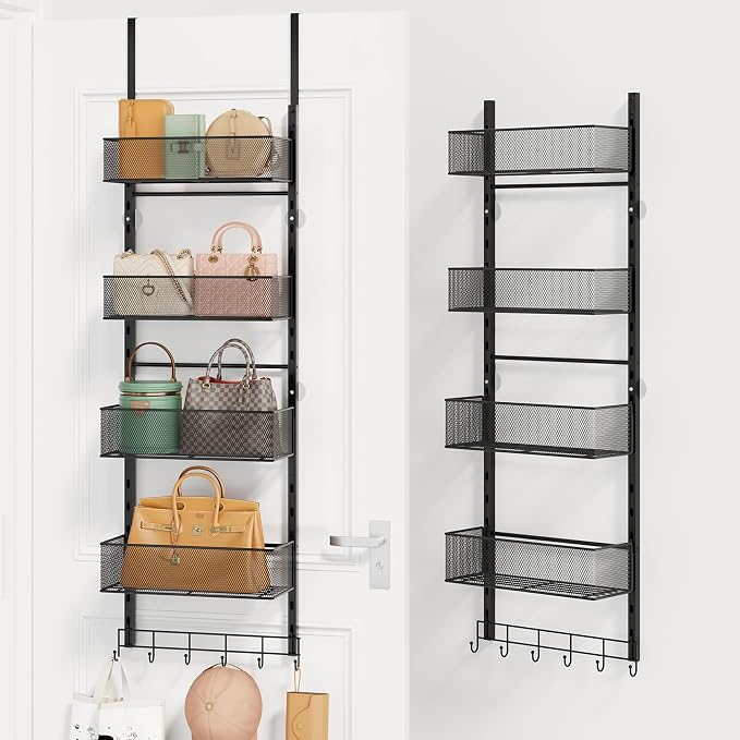 SWTYMIKI Over the Door Purse Organizer - Wall Mounted Purse Rack with 4 Adjustable Metal Basket and 6 Hooks, Hanging Bag Rack for Handbag Organizer, Bag Storage Can Use As 1/2 Part, for Door