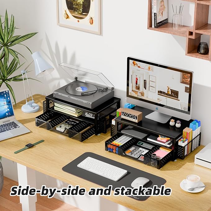 Simple Trending 2-Tier Monitor Stand Riser, Drawer & 2 Pen Holders, Black | Sturdy Material