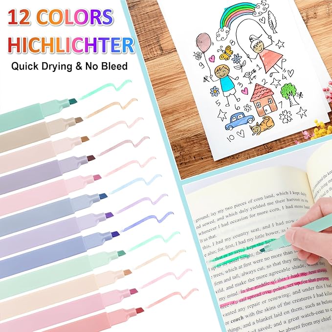 43 PCs Aesthetic School Supplies Kit - Art & Study Set with Pink Pencil Case, 0.5/0.7/2.0mm Mechanical Pencils, 6-Color Ballpoint Pens & Black Ink Gel Pens &12 Pastel Highlighters