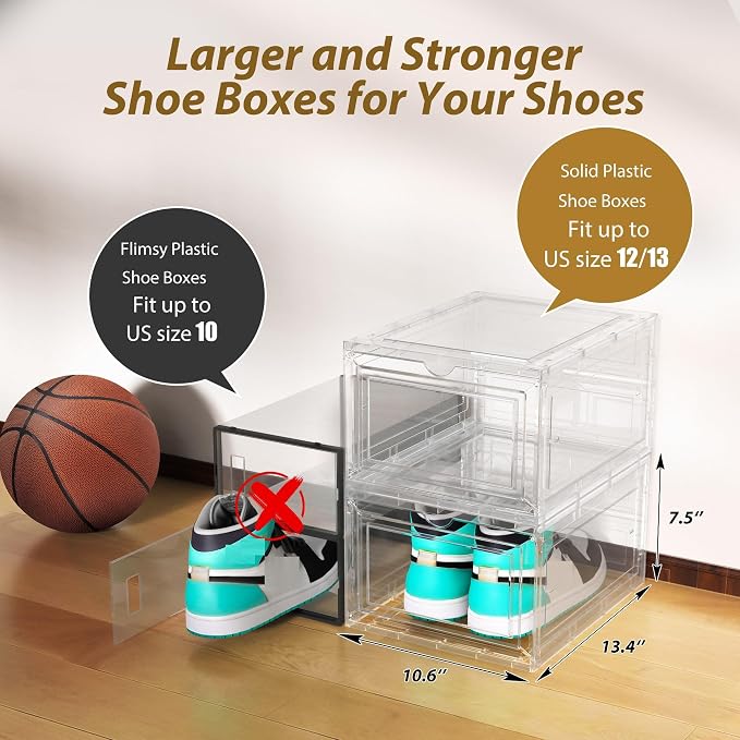 10 Pack Thickened Clear Stackable Shoe Organizer Storage Boxes with Magnetic Door, Sneaker Display Cases for Closet, Entryway & Under Bed Storage, Space Saving Shoe Storage Solution, White