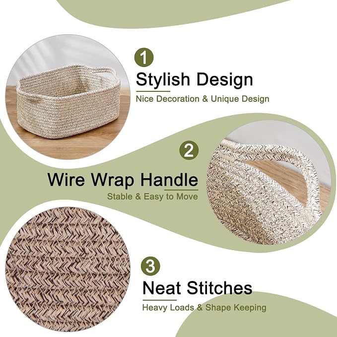OIAHOMY Cotton Rope Baskets, Woven Baskets for Storage, Nursery Storage Baskets, Rectangle Storage Basket with Handles, Storage Baskets for Shelves, Pack of 3, Brown Variegated