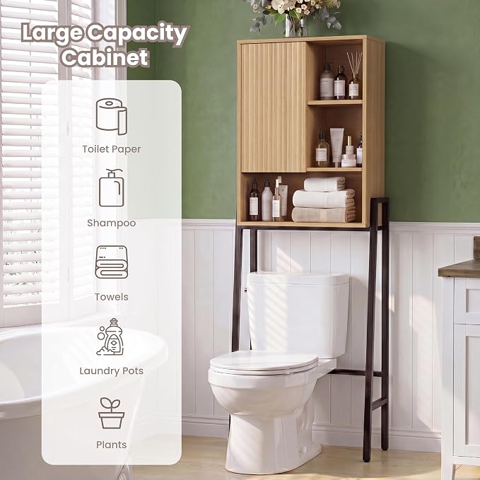 24" W Over The Toilet Storage Cabinet with Fluted Door,Bathroom Organizers and Storage with Adjustable Shelves, Modern Over Toilet Organizer for Bathroom,Restroom,Laundry,Oak