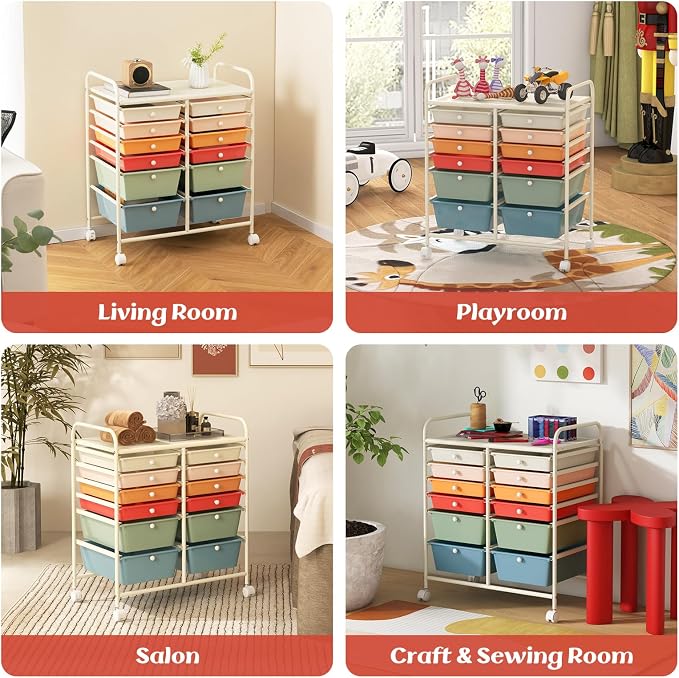 DREAMADE Rolling Cart with Storage Drawers, Utility Cart with Removable Plastic Drawers, Lockable Wheels, Art Cart for Classroom Organization Art Supplies Office Scrapbook (12 Drawers, Macaron)